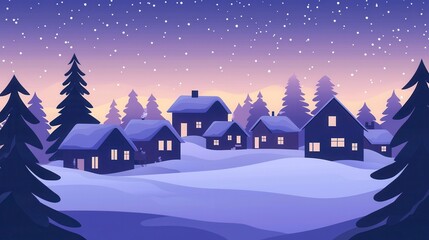 Fototapeta premium Winter Village Scene Cozy Snow Covered Houses at Dusk