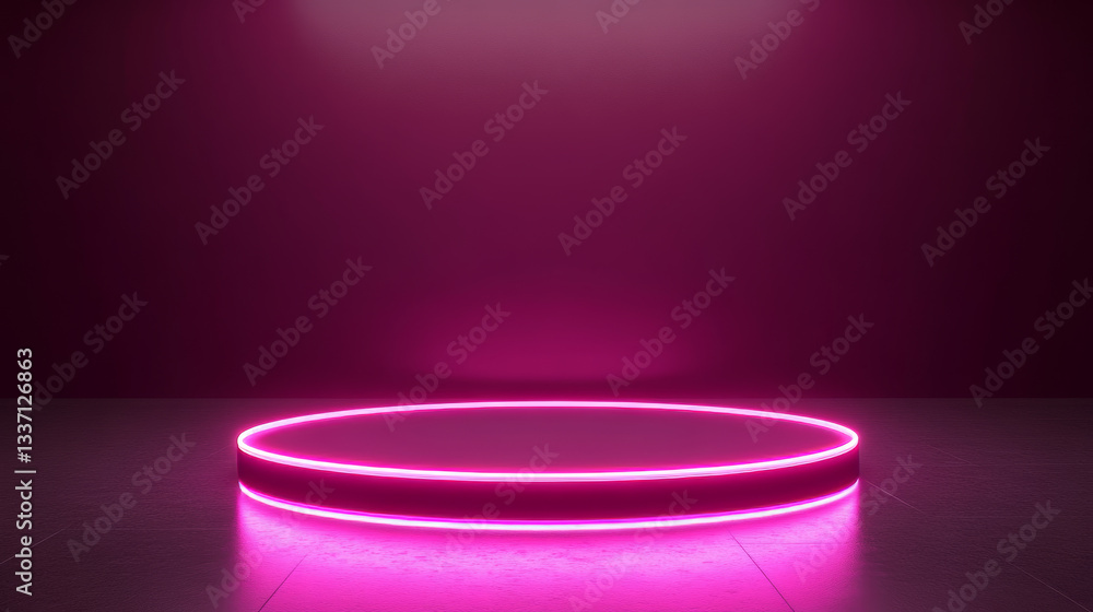Poster 3d neon pink light and podium. abstract product stage in room. dark futuristic studio with led circl