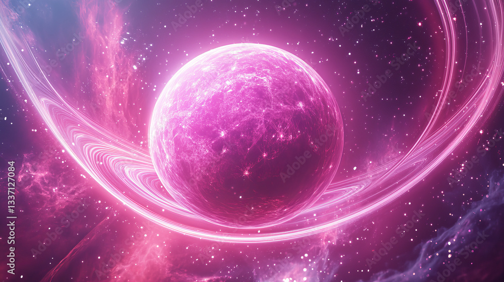 Poster pink planet ring neon light effect with circle line sparkle. digital energy twirl with magic flare e