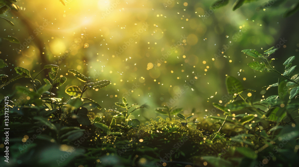 Poster serene forest scene with sunlight filtering through leaves, creating magical atmosphere filled with 