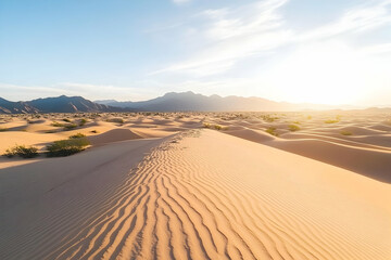 Serene desert landscape at sunset with rippling sand dunes and distant mountains under a clear sky