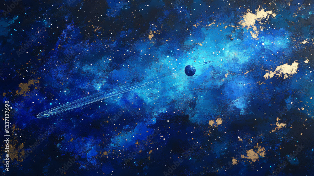 Poster star and falling comet in night sky vector background. meteor shooting trail in blue galaxy illustra
