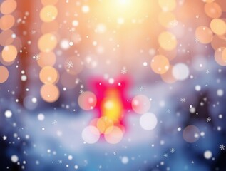 Soft snowfall with glowing lights creating a warm, festive atmosphere during winter evening