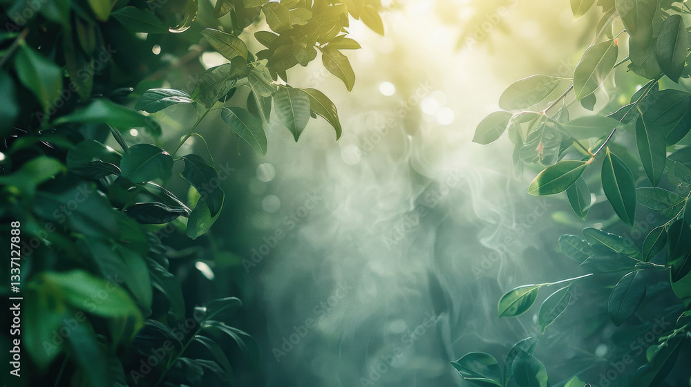 Poster lush green foliage with soft sunlight filtering through, creating serene atmosphere