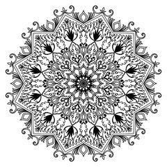 Black vintage mandala lines. Abstract flowers for coloring.