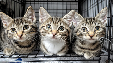 Adopt me cartoon landing page. Homeless pets adoption event announcement promo with funny kittens. Animal shelter charity, rescue, protection and support, custody, help to stray cats Vector web