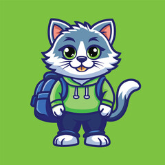 Obraz premium Cute Cat Mascot Character with Back-to-School Supplies and Logo Vector