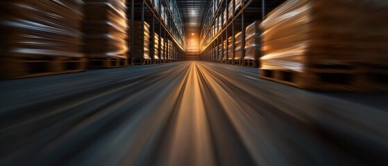 Warehouse interior, fast-paced goods movement,  pallet delivery,  illuminated central aisle
