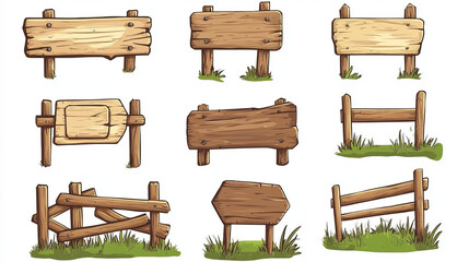 Fototapeta premium Wooden sign board and fence cartoon farm banner. Wood game signage. Outdoor road direction button element. Blank rustic street billboard isolated set for ranch or country pointing and display plaque