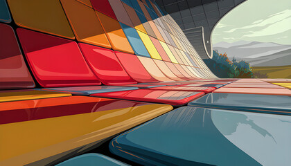 vibrant tiles cover a sweeping highway overpass in bold patterns and vivid colors turning concrete into urban art the structure pops against the sky blending motion geometry and imagination