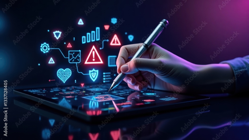 Poster digital security risk management: a hand using a stylus on a tablet to manage cybersecurity threats 
