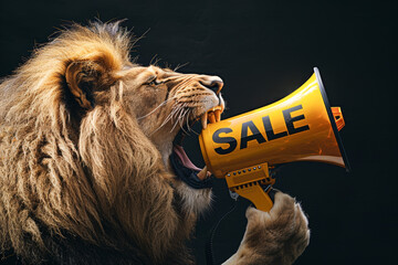 A roaring lion holds a yellow megaphone labeled SALE, symbolizing powerful marketing, promotions, and advertising impact. The bold black background enhances the dramatic effect. AI-generated.