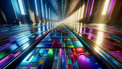 silent futuristic facility with glowing panels steel walkways robotic arms idle sleek surfaces emit a cold blue hue automated systems pulse in the shadows a sterile atmosphere hums with power