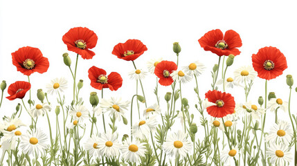 Fototapeta premium Template card for greeting, invitation, wedding, birthday, Easter with chamomile and red flowers poppies