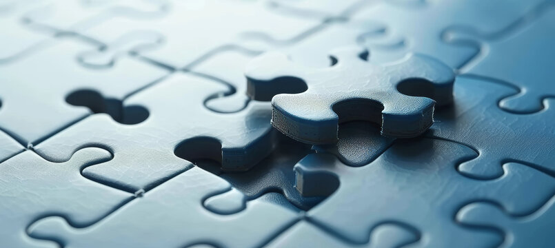 A close-up of a blue jigsaw puzzle with a missing piece, symbolizing problem-solving, teamwork, and strategy. The textured surface adds depth to the image.