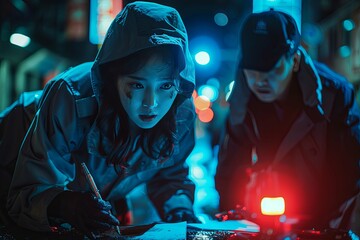 Two people in a hooded coat are working on something