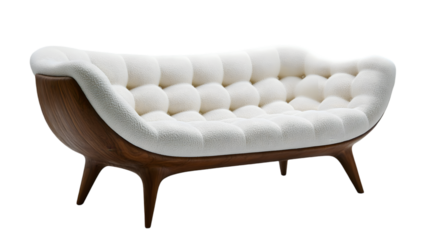 Modern Mid Century Tufted Sofa  Walnut Wood  White Upholstery  Luxury Furniture