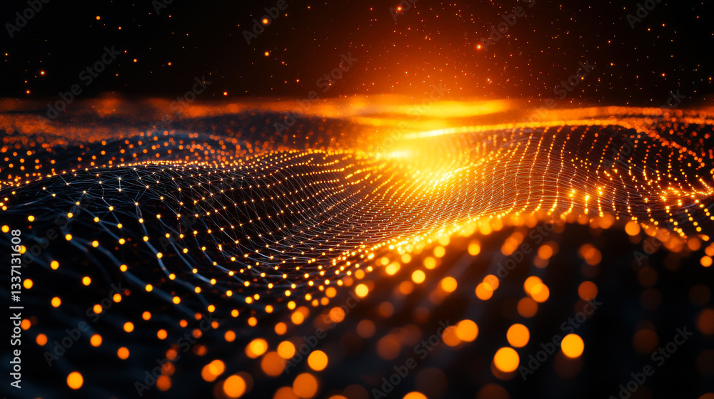 Poster warm glowing waves of light create an abstract landscape at twilight with shimmering particles in th