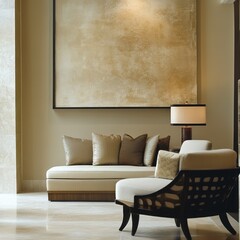 A modern living room decor features furniture and artistic wall art
