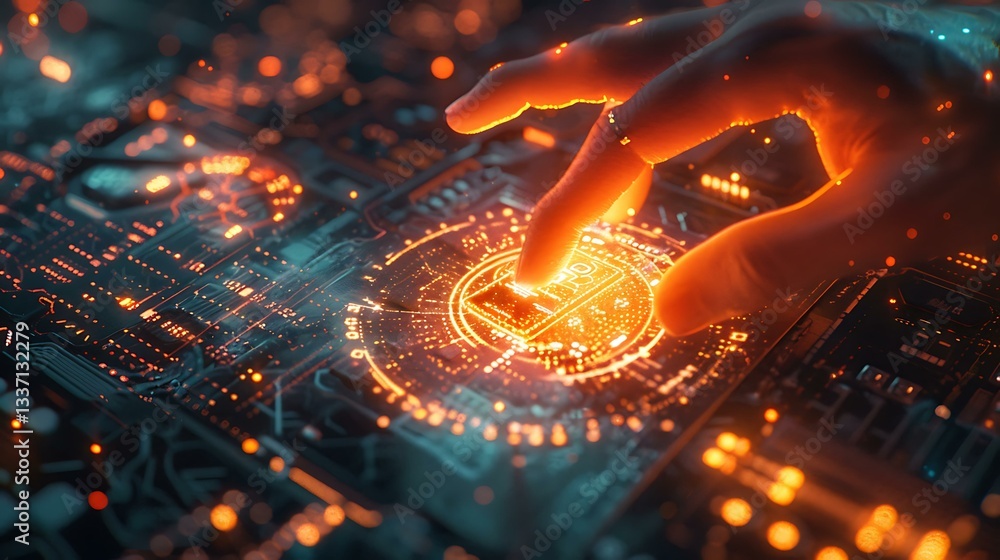 Poster a close-up of a personâ€™s hand holding a glowing digital private key on a futuristic holographic di