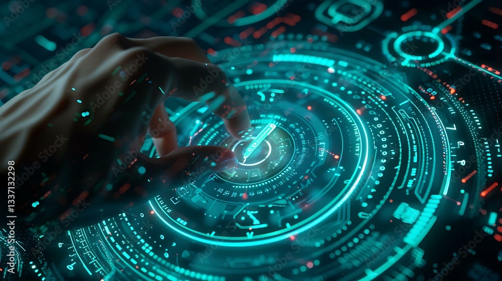 Poster a close-up of a personâ€™s hand holding a glowing digital private key on a futuristic holographic di