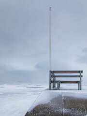 Frozen Lake Tornetrask. Cloudy winter day. Abisko, Lapland, Sweden.