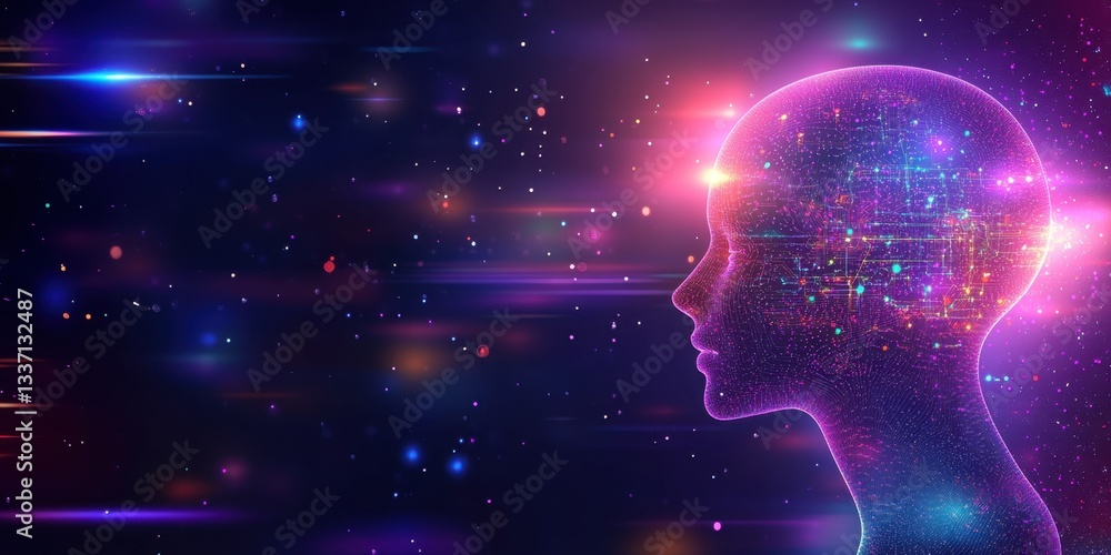 Poster artificial intelligence: human head showing digital data flowing in a futuristic cyberspace
