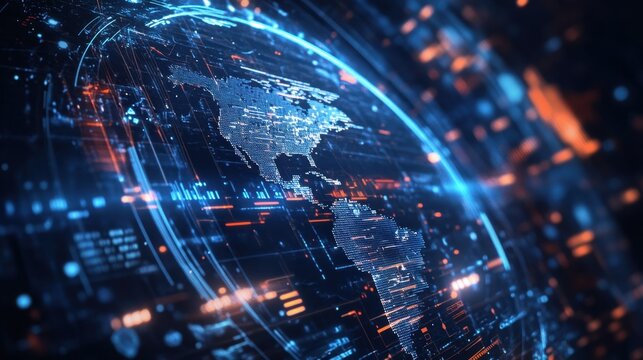 Digital world map showing global connections and data flowing across continents - Powered by Adobe