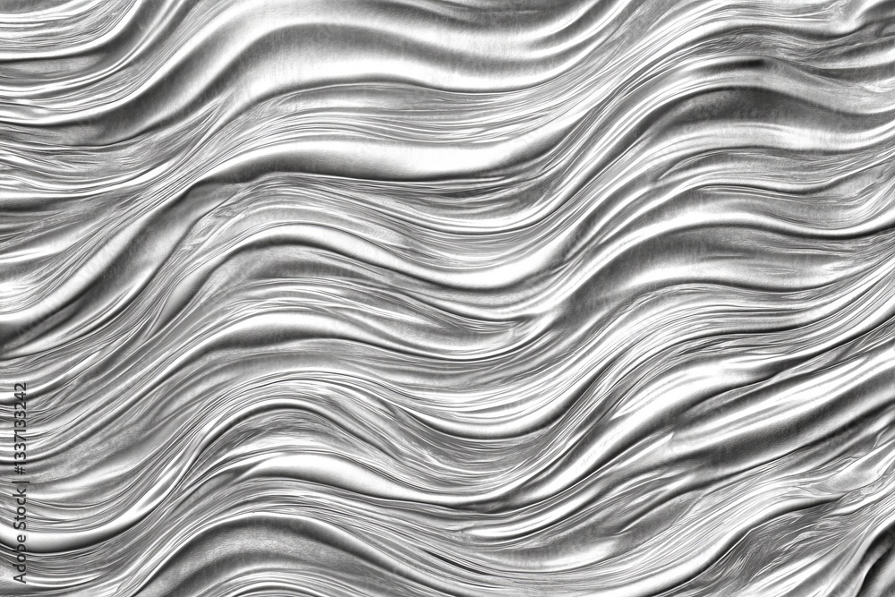 Poster abstract silver paint waves. intricate, flowing patterns resembling metallic ribbons. gradients of s