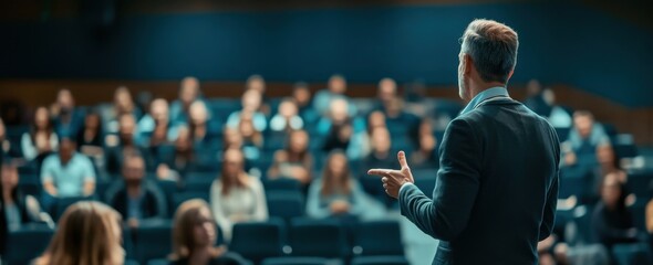 Motivational speaker giving presentation at business conference