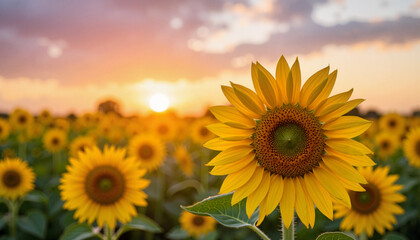Fototapeta premium Vibrant sunflower glowing in sunset field, nature's serenity