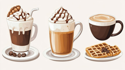 Latte coffee cup icon for cafe. Cappuccino drink set. Caramelmacchiato with cream in take away isolated design. Waffle dessert and cocoa beverage with straw asset for bakery or restaurant ui