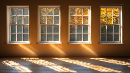 Four windows reveal autumn foliage and interior sunlight patterns