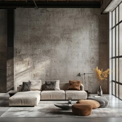 A modern living room features concrete walls and comfortable furniture