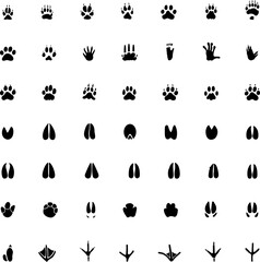 Obraz premium Paw vector foot trail print . Dog,cat,bear,wolf,chicken,cow, crocodile, donkey, duck, elephant and other silhouette animal. Paw print trail on transparent background. Vector illustration