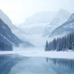 Obraz premium Breathtaking Winter Mountain Valley: Frozen Lake & Snow-Covered Peaks