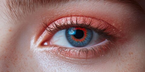 Obraz premium A close-up view of an eye showcases vibrant colors and unique details. The blue iris features a striking orange hue around the pupil. This image highlights beauty. AI