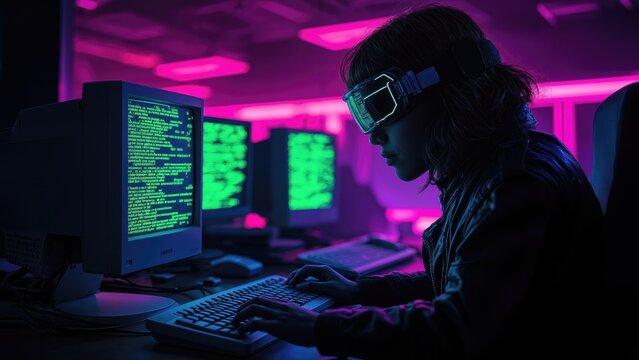 Retro Hacker Sits in Neon-Lit Room Using Computer With Green Code Display
