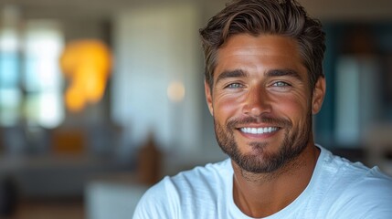 Obraz premium Handsome Man Smiling, Portrait, Indoor Setting