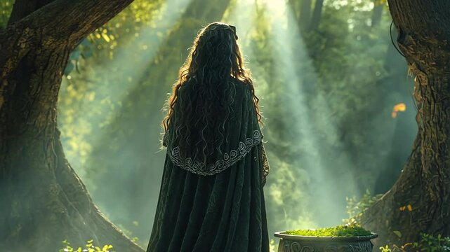 Geheimnisvolle vermummte Gestalt schreitet durch einen dunklen Wald