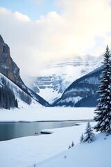Fototapeta premium Breathtaking Winter Mountain Valley: Frozen Lake & Snow-Covered Peaks