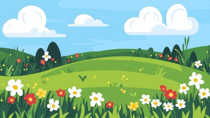 Fototapeta premium Sunny Meadow Landscape with Blooming Flowers and Rolling Hills