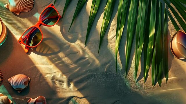 Sandige Strandstimmung mit Sonnenbrille und tropischen Bl&auml;ttern