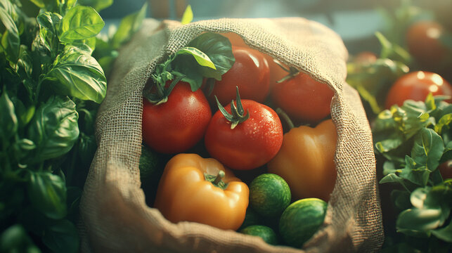 A burlap sack filled with fresh tomatoes peppers basil and other vegetables in a garden setting.