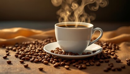 Fototapeta premium Coffee cup with beans and saucer on a white background