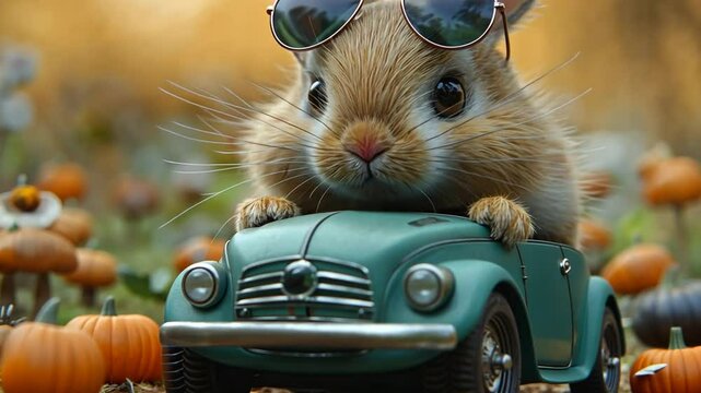 Niedliches Nagetier mit Sonnenbrille auf einem kleinen Spielzeugauto