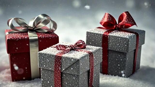Weihnachtsgeschenke mit Schleifen auf einem verschneiten Untergrund
