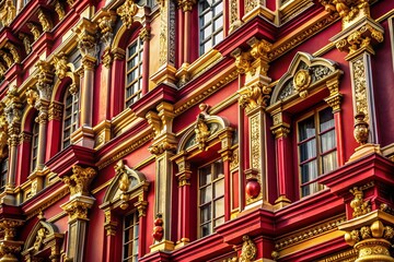 Luxurious Red & Gold Architectural Detail: Elegant Building Facade