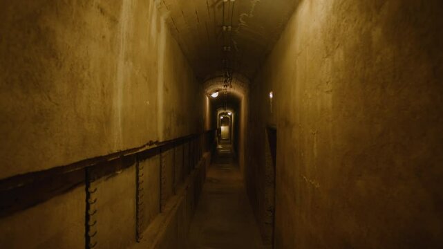 First person view of walking through dimly lit, narrow underground corridor with concrete walls, exposed steel reinforcements, and utility piping. 