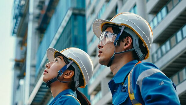 Zwei Ingenieure mit Schutzhelmen schauen gespannt nach oben